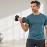 Muž v modrom tričku vykonáva bicepsový zdvih s jednoručnou činkou.